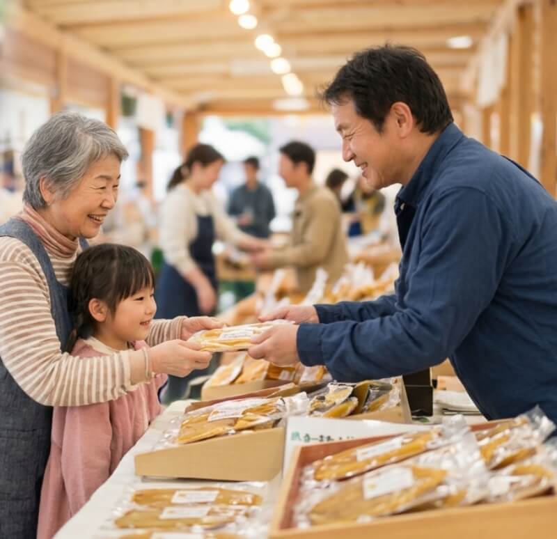 お客様に干し芋を手渡しする様子