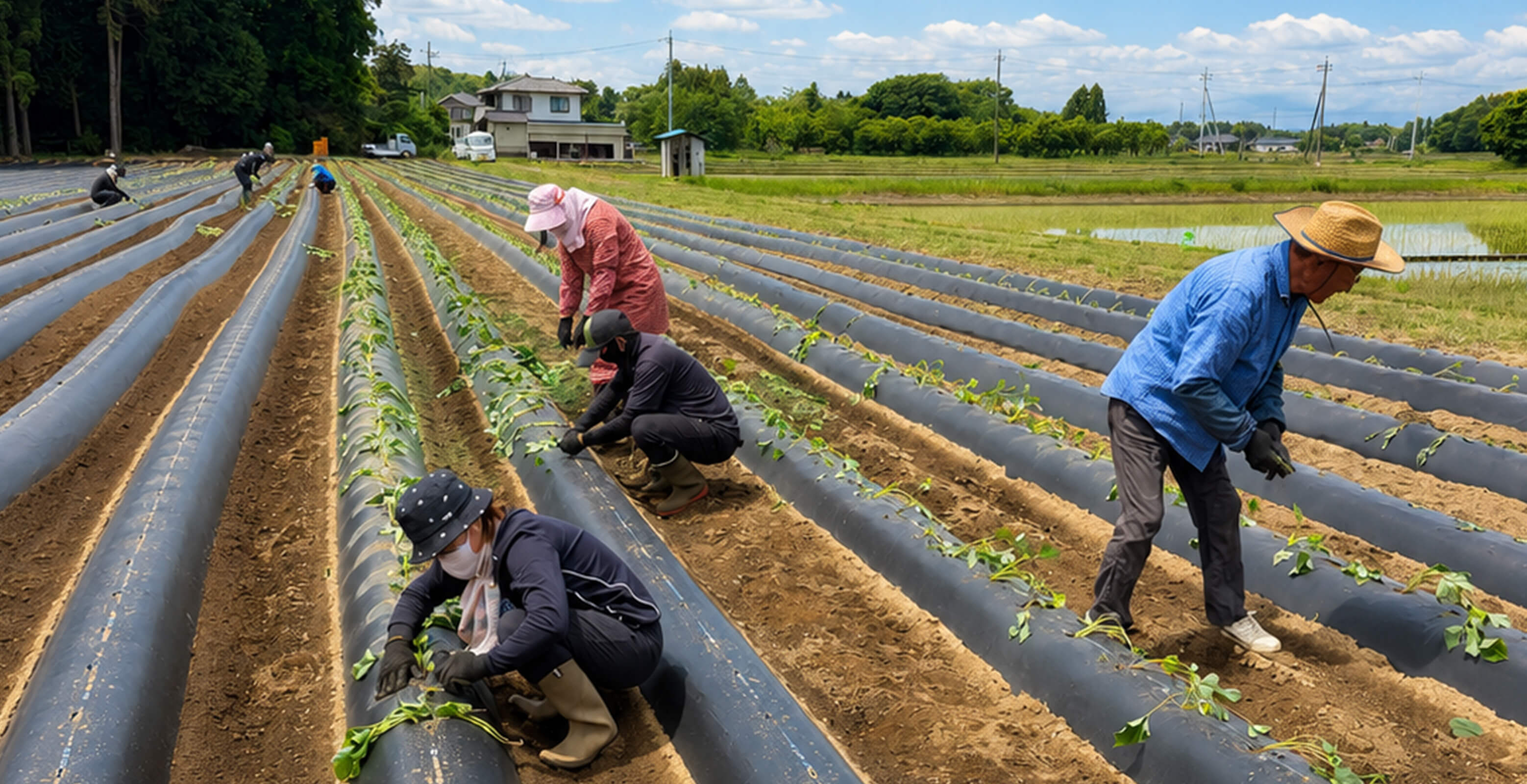畑で苗を植え付ける様子